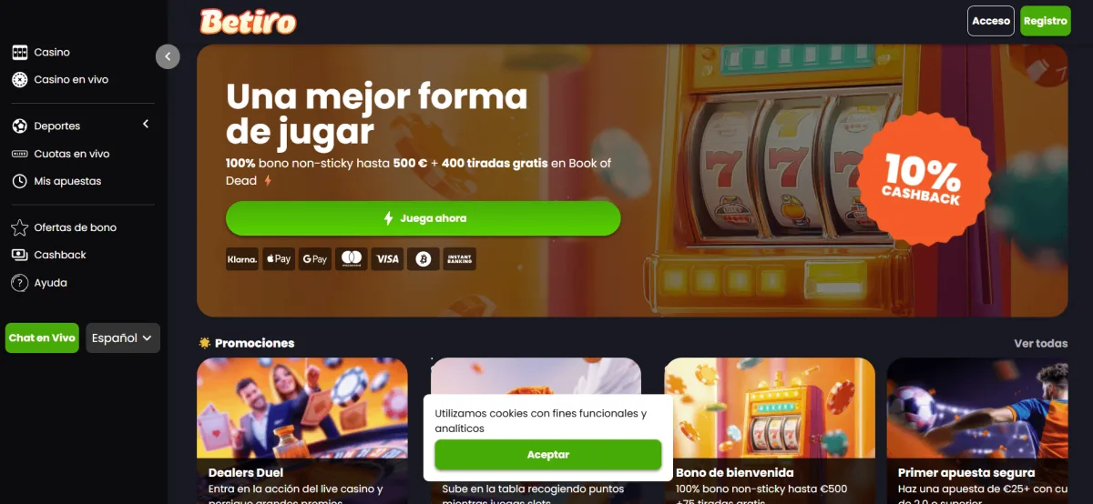Betiro homepage casino con bono